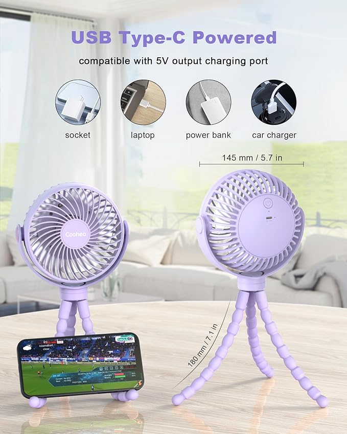 Stroller Fan Clip on for Baby, 4000mAh Rechargeable Battery Operated, Flexible Tripod, 3 Wind Speed, 360° Rotatable, Small Portable Fan for Car Seat Crib Backseat Beach Travel Camping, Purple-BubblyBeeBaby