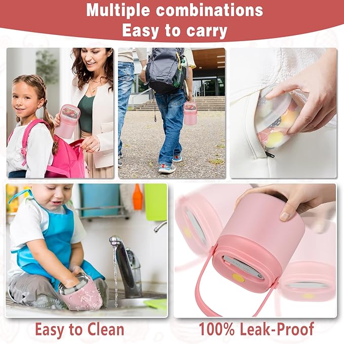 2 - in - 1 Soup Thermo for Hot Food 14oz with Snack Box Container Leak Proof Insulated Lunch Container Kids and Adults Stainless Steel Double Wall Vacuum Wide-mouth Thermal with Spoon and Handle-BubblyBeeBaby