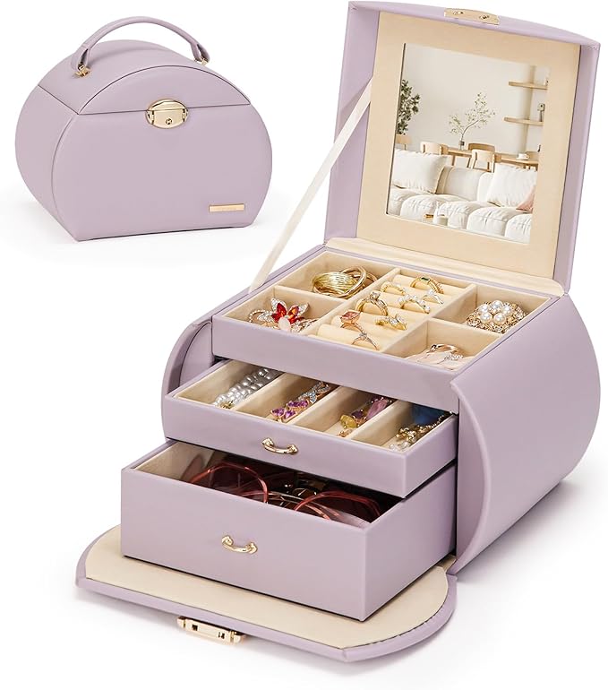 Homde Girls Jewelry Box Jewelry Storage Case Organizer Faux Leather with Mirror for Rings, Earrings, Bracelets, Necklaces (Grey Purple)-BubblyBeeBaby