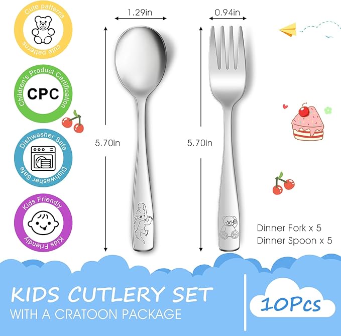 10-Piece Toddler Flatware, Kids Utensils Stainless Steel Cutlery Set, Children Safe Spoons and Forks with Ergonomic Handle, Easy to use and Dishwasher Safe (Crocodile and Bear)-BubblyBeeBaby