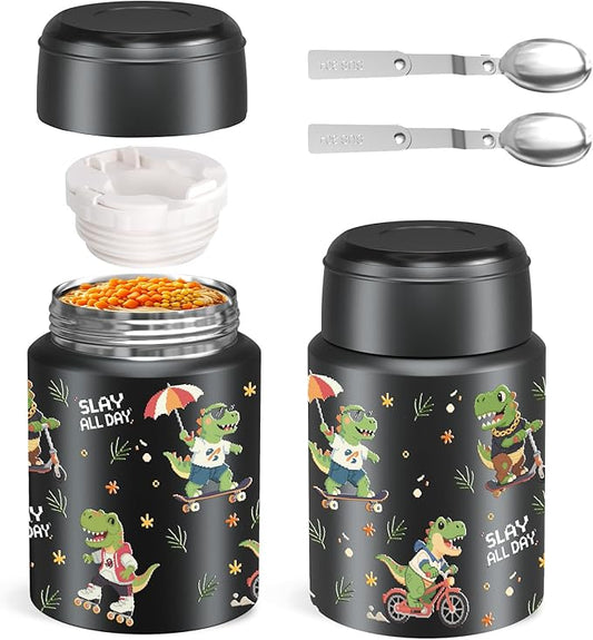 2-Pack Stainless Steel Vacuum Insulated Food Jar with Spoon, Soup Thermo Hot & Cold for Kids & Adults, Leakproof Insulated Lunch Containers with Carry Bag, 17oz.(Black-Dinosaur)-BubblyBeeBaby
