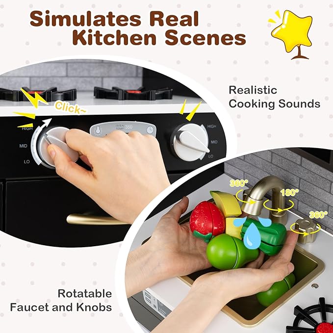 HONEY JOY Kids Kitchen Playset, Wooden Little Chef Pretend Toy Kitchen Set w/Chalkboard, Telephone, Utensils, Oven, Microwave, Sink, Storage, Play Kitchen for Toddlers Boys Girls, Black-BubblyBeeBaby