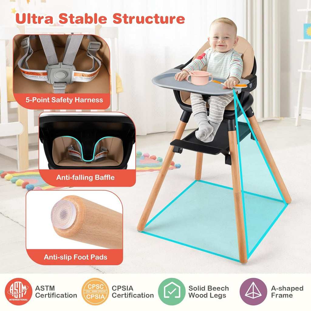 HONEY JOY Baby High Chair, 6 in 1 Convertible Wooden Highchair for Babies and Toddlers/Chair/Bar Stool, Removable Double Tray & Reversible Footrest, Safety Harness for Infant Boys Girls (Coffee)