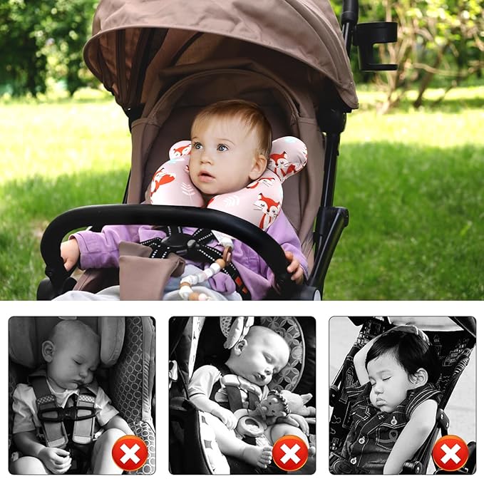 vocheer Baby Travel Pillow(Upgraded), Head and Neck Support Pillow for Pushchair, Car Seat,Stroller, Bouncer, Cotton, Orange Fox-BubblyBeeBaby