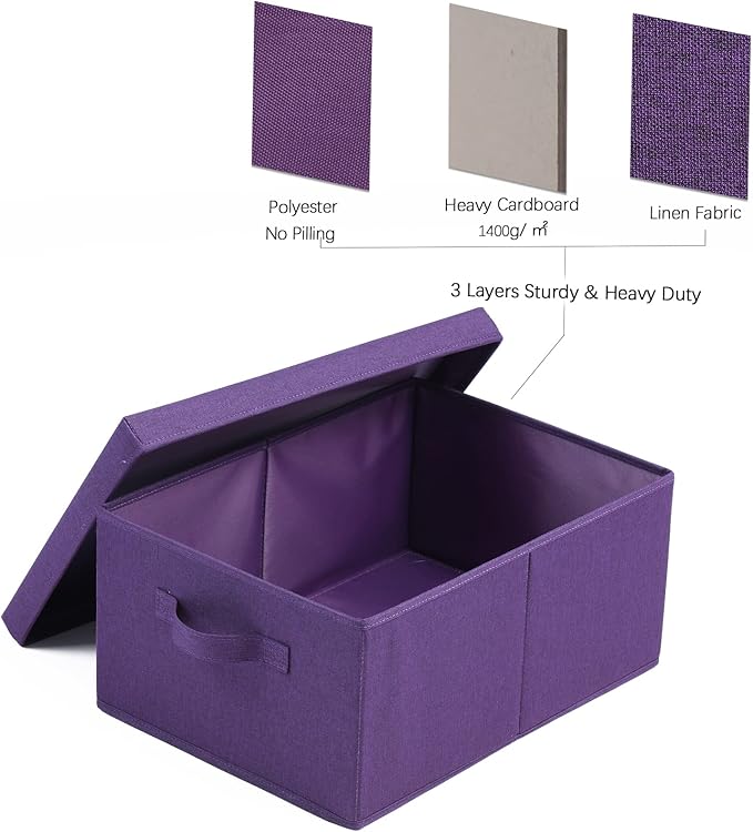 HOONEX Storage Bins with Lids for Organizing, Pack of 2, Storage Boxes with 2 Carry Handles and Sturdy Heavy Cardboard, 16.5" L x 11.8" W x 7.5" H for Shoes, Books, Clothes, Nursery, Dark Purple-BubblyBeeBaby