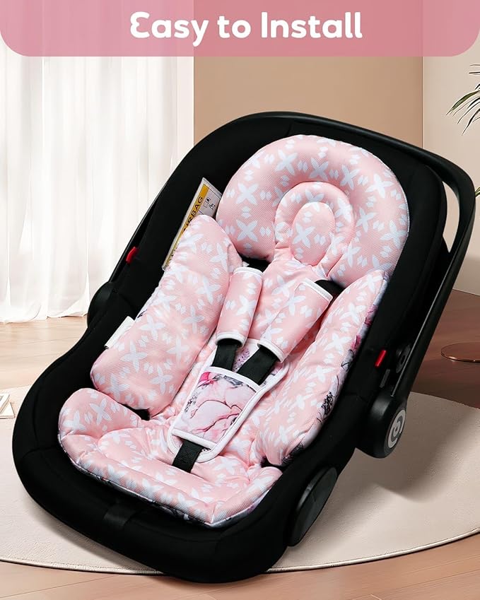 Infant Car Seat Insert, Enlarged Head Support for Baby Carseat, Reversible Newborn Insert with 3 Strap Covers, 2-in-1 Baby Car Seat Cushion for Stroller, Swing, Bouncer, Rocker - Pink Floral-BubblyBeeBaby