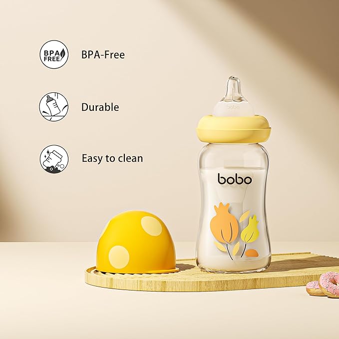 YOHKOH Natural Glass Baby Bottle with Natural Response Nipple, Newborn Anti-Colic Baby Bottles, Wide Neck Mushroom Cap Baby Bottle, Clear (Yellow, (5.4oz (Pack of 4))-BubblyBeeBaby