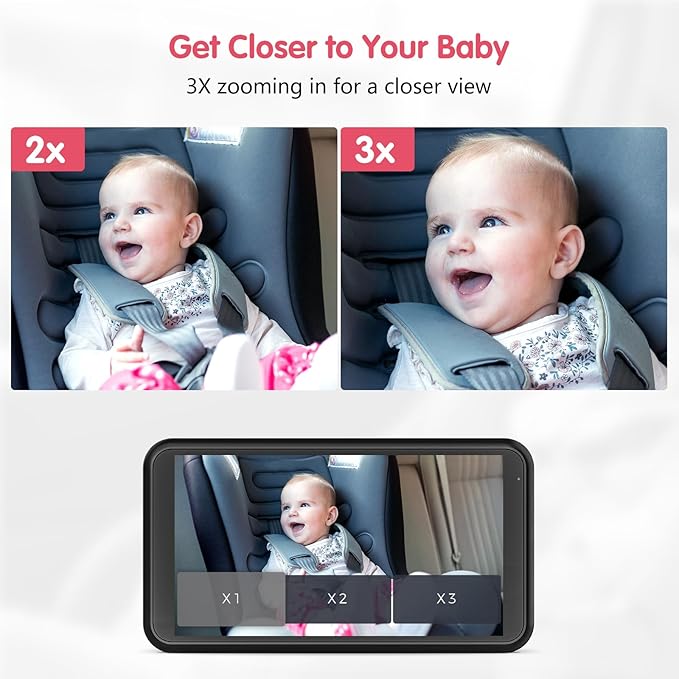 BM2 Car Camera for Baby, 5.2" 1080P Screen with 3X Zoom, Clear Rear-Facing View, 360° Rotating Lens, Easy Installation – Safety for Infants and Pets-BubblyBeeBaby