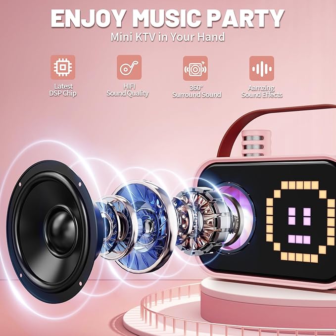 Karaoke Machine for Kids Adults, Portable Bluetooth Karaoke Speaker with 2 Wireless Microphones, Pixel Display Light, Birthday Gifts Toys for Girls & Boys Ages 3, 4, 5, 6, 7, 8, 9,10,11,12+ Years-BubblyBeeBaby