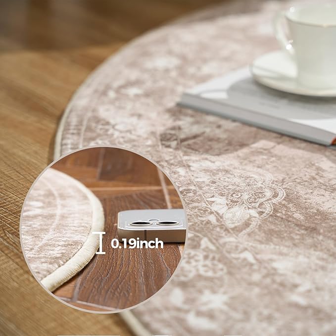 jinchan Round Rug 7ft Area Rug - Brown Vintage Floor Mat Kitchen Indoor - Washable Circle 7' Thin Floral Print Carpet Retro Farmhouse Non Slip Dining Room Living Room Bedroom Office-BubblyBeeBaby