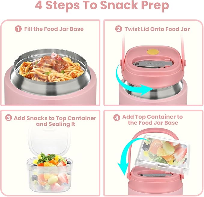 2-in-1 Insulated Food Jar & Snack Container - 15oz Kids Soup Thermos for Hot Food with Handle and Spoon, Leak Proof Reusable Toddler Snack Box, Perfect for School & Travel, Pink-BubblyBeeBaby
