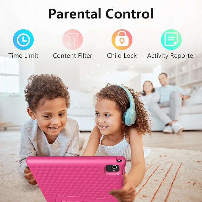 JREN Tablet for Kids｜10.1 Inch Kids Tablet Android 14｜Octa-core｜64GB｜WiFi ｜Bluetooth｜Parental Control｜Children Content｜Children Toddler Pink Girls Gift-BubblyBeeBaby