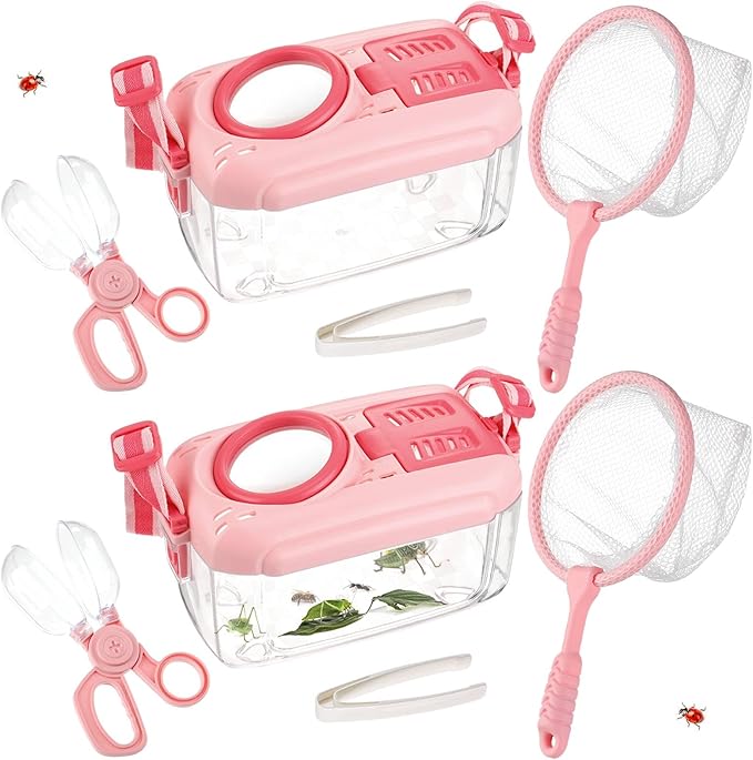 2 Set Bug Catcher for Kids- Educational Bug Catching Kit Including Butterfly Net, Insect Clip, Tweezer, Outdoor Toys for Kids Ages 3-10 (Pink)-BubblyBeeBaby