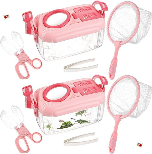 2 Set Bug Catcher for Kids- Educational Bug Catching Kit Including Butterfly Net, Insect Clip, Tweezer, Outdoor Toys for Kids Ages 3-10 (Pink)-BubblyBeeBaby