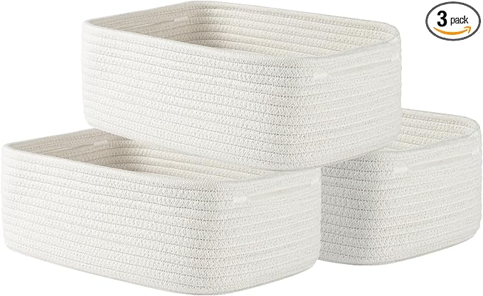 KALLAX Small Woven Basket, 12 x 8 x 4.5 Inches, Storage Basket for Organizing, Cute Small Rope Shelf Closet Cube Storage Bins Baskets for Shelves, Dog Toy Gift Baskets Empty, 3 Packs, Off White-BubblyBeeBaby