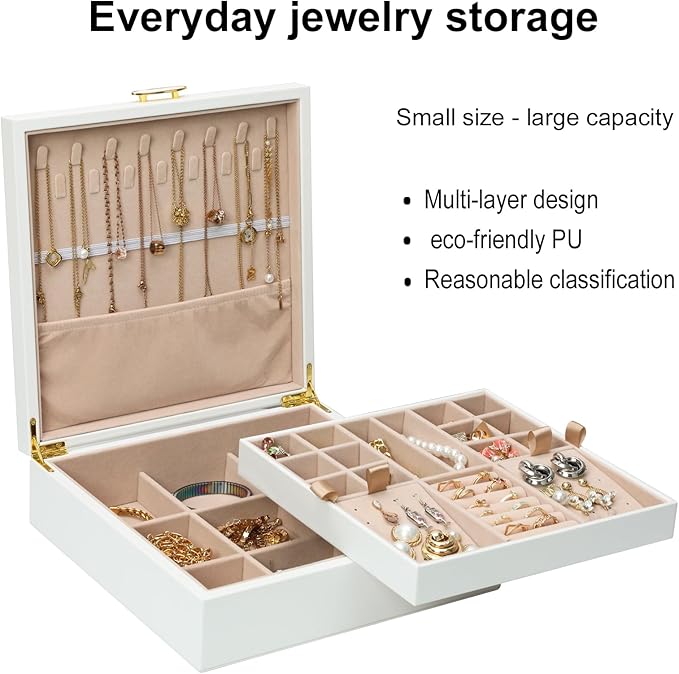 Jewelry Box Organizer for Women,White 2 Layer jewelry Stoarge Case,Built in Necklace Hook and Detachable Jewelry Tray,Indoor Jewelry Display Box-BubblyBeeBaby