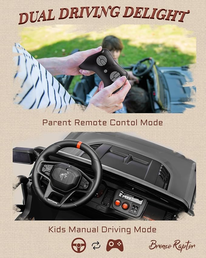 24V Ride on Toys for Big Kids, Licensed Ford Bronco Raptor Electric Car 2 Seater with Remote Control, Kids Ride on Cars w/ 2-Seater, 4.3 Mph Max Speed, Soft Start Function (24V, Black)-BubblyBeeBaby