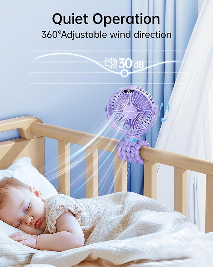 SWEETFULL Portable Stroller Fan with Display 4000mAh Battery Powered Mini Clip On Fan, 4-Speed Rechargeable Small Personal Cooling for Baby Car Seat Crib Travel - Purple-BubblyBeeBaby