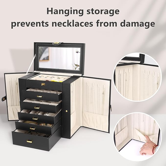 Kendal Extra Large Jewelry Box Jewelry Case PU Leather 6 Tier 5 Drawers Large Storage Capacity with Mirror Jewelry Storage Organizer Great Gift Also Good For Watches LJC-SHD5BK (black)-BubblyBeeBaby