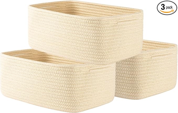 KALLAX Small Woven Basket, 13.5 x 9.5 x 5 Inches, Storage Basket for Organizing, Cute Small Rope Shelf Closet Cube Storage Bins Baskets for Shelves, Dog Toy Gift Baskets Empty, 3 Packs, Beige-BubblyBeeBaby