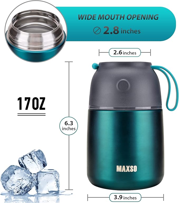 Insulated Thermo Food Jar for Hot & Cold Food for Kids Adult, 17 oz Soup Thermal Hot Food Containers for Lunch, Triple Layer Insulation Stainless Steel Food Jar with Spoon (Green)-BubblyBeeBaby