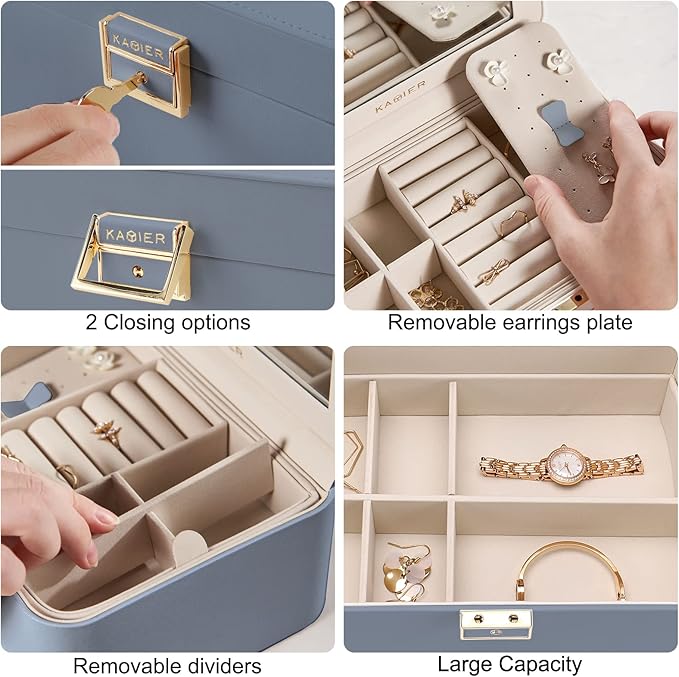 KAMIER Jewelry Organizer Box, 2 Layers PU Leather, Large Capacity, Double Lock and Large Mirror, Hidden Necklace Hooks, Removable Dividers, Gift Box Packaging,Bluish Grey-BubblyBeeBaby