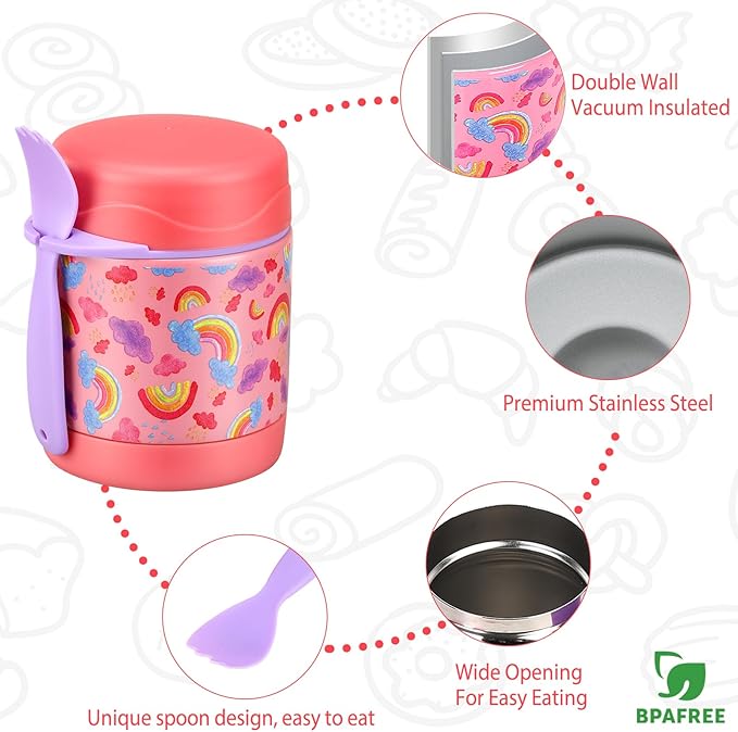 10oz Soup Thermo for Hot Food Kids,Lunch Thermo Kids Food Jar with Spoon Hot Insulated Food Containers,Leak Proof Stainless Steel Wide Mouth Lunch Food Thermo Jar for School(Pink-Rainbow)-BubblyBeeBaby