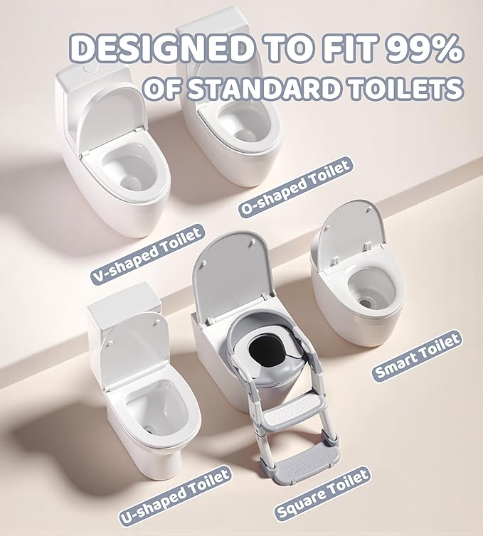 2-in-1 Toddler Potty Training Toilet Seat with Step Stool Ladder – Adjustable Height Potty Chair Urinal for Baby Boys Girls Age 1-3, Foldable Training Potty with Splash Guard & Anti-Slip Feet, Grey-BubblyBeeBaby