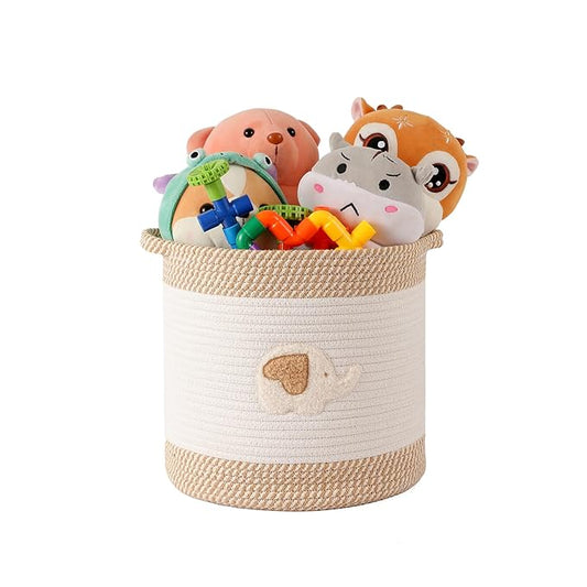 INough Toy Storage Baskets Woven Cotton Rope Storage Basket for Kids, Blanket Baskets for Living Room Toy Basket Box Toys Organizer with Embroidery Decor Cute Baskets for Nursery, Playroom (Elephant)-BubblyBeeBaby