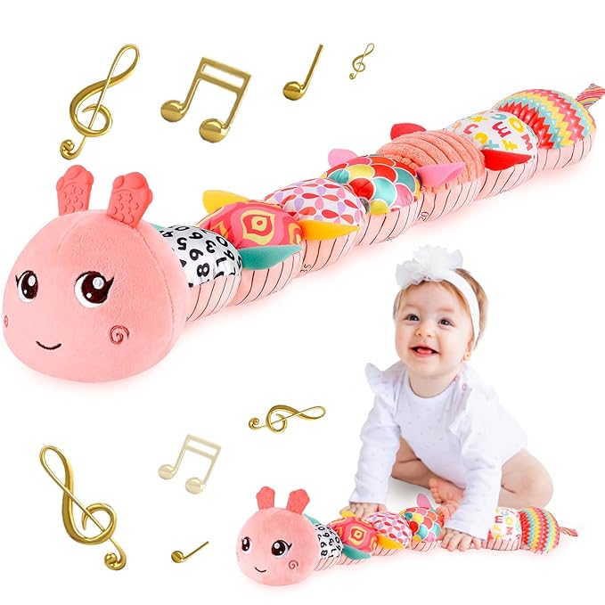 Infant Baby Musical Stuffed Animal Activity Soft Toys with Multi-Sensory Crinkle, Rattle and Textures for 0-3-6-12 Months Developmental Toys, Caterpillar, Pink-BubblyBeeBaby