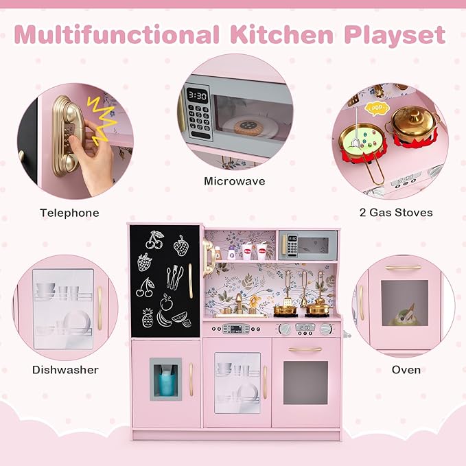 HONEY JOY Kids Kitchen Playset, Wooden Little Chef Pretend Toy Kitchen Set w/Chalkboard, Telephone, Utensils, Oven, Microwave, Sink, Storage, Play Kitchen for Toddlers Boys Girls, Pink Flower-BubblyBeeBaby