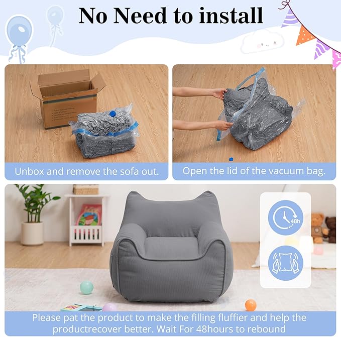 HOMMPA Bean Bag Chair for Kids Stuffed Toddler Bean Bag Sofa with Pocket Filler Cat Shaped Bean Bag Chair Boys and Girls Baby Lazy Floor Sofa Chair for Gaming Reading Playing Grey-BubblyBeeBaby