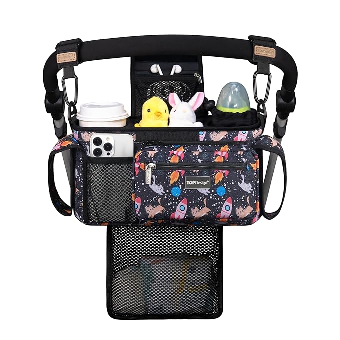 TOPDesign Universal Baby Stroller Organizer, Stroller Caddy with Detachable Mesh Bag & Heightened Insulated Cup Holders & Non-Slip Secure Hooks Accessories, Fits Most Strollers (Cats & Rockets)-BubblyBeeBaby