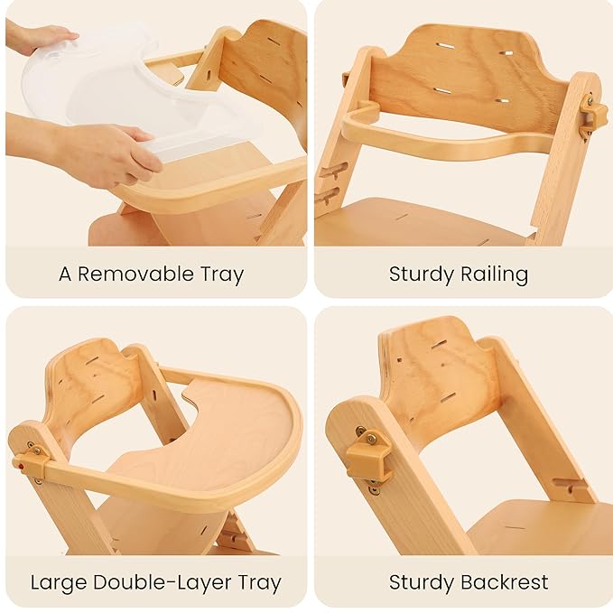 High Chair for Babies and Toddlers, Wooden Highchair with Adjustable Seat & Convertible Footrest Heights, Baby Feeding Chair with Safety Harness & Removable Double Layer Tray-BubblyBeeBaby