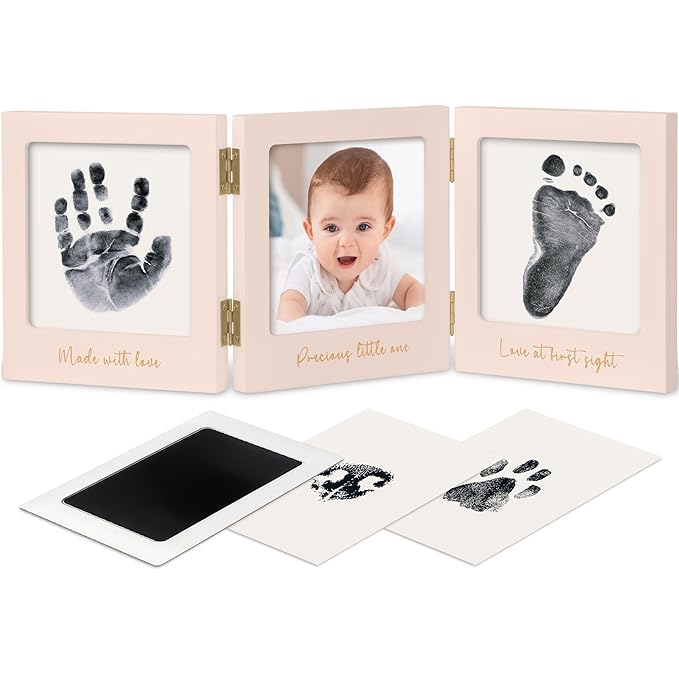 Inkless Baby Handprint and Footprint Kit for Newborn - Baby Footprint Kit, Newborn Keepsake Nursery Picture Frame,Dog Paw Print Maker,Personalized Gifts for New Mom,Showers & Registry(Petal Pink/Gold)-BubblyBeeBaby