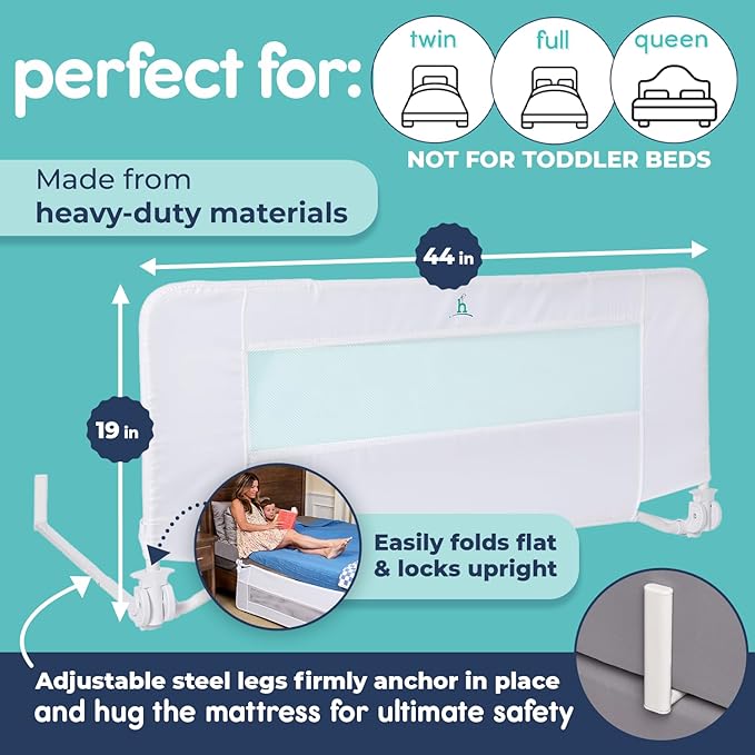hiccapop 44" x 19" Bed Rail for Toddlers, Heavy-Duty Safety Bed Rail for Twin, Full, Queen Beds, Soft Mesh Cover & Swing-Down Design, Easy No-Tool Installation (White)-BubblyBeeBaby