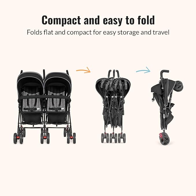 Dream On Me Volgo Twin Umbrella Stroller in Black, Lightweight Double Stroller for Infant & Toddler, Compact Easy Fold, Large Storage Basket, Large and Adjustable Canopy-BubblyBeeBaby