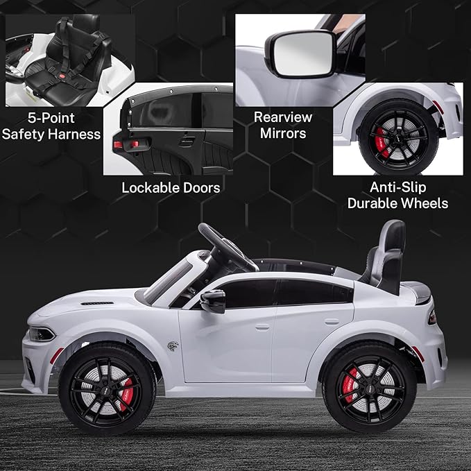 12V 7Ah Kids Electric Ride on Car, Licensed Dodge Charger SRT Hellcat, Battery Powered 4-Wheels Toy Car Electric Vehicle for Kids with Remote Control, 3 Speeds, LED Lights, Music (White)-BubblyBeeBaby