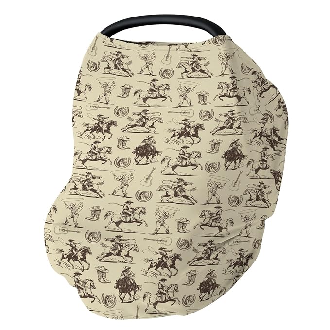 Vintage Cowboy Car Seat Cover for Baby Western Horses Boots Hats Guitar Stretchy 5-in-1 Covers Adjustable Car Canopy Breastfeeding Cover Country Western Breathable Nursing Cover-Up-BubblyBeeBaby