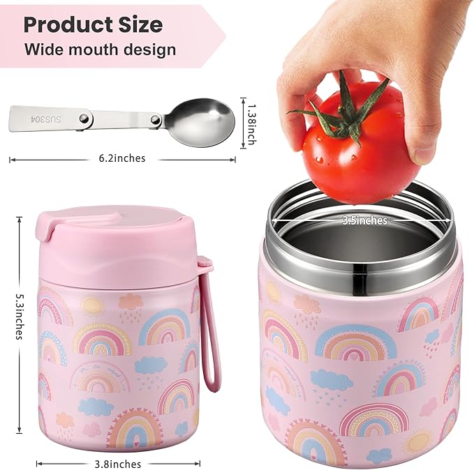 17oz Soup Thermo for Hot Food Kids,Insulated Food Jar with Spoon,Thermo Hot Food Lunch Container,Wide Mouth Leakproof Stainless Steel Lunch Box for School-Rainbow-BubblyBeeBaby