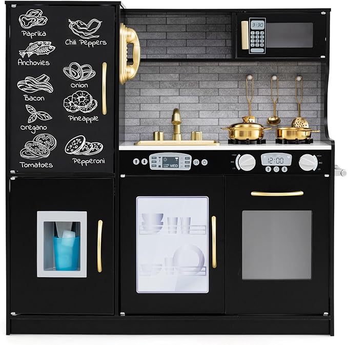 HONEY JOY Kids Kitchen Playset, Wooden Little Chef Pretend Toy Kitchen Set w/Chalkboard, Telephone, Utensils, Oven, Microwave, Sink, Storage, Play Kitchen for Toddlers Boys Girls, Black-BubblyBeeBaby