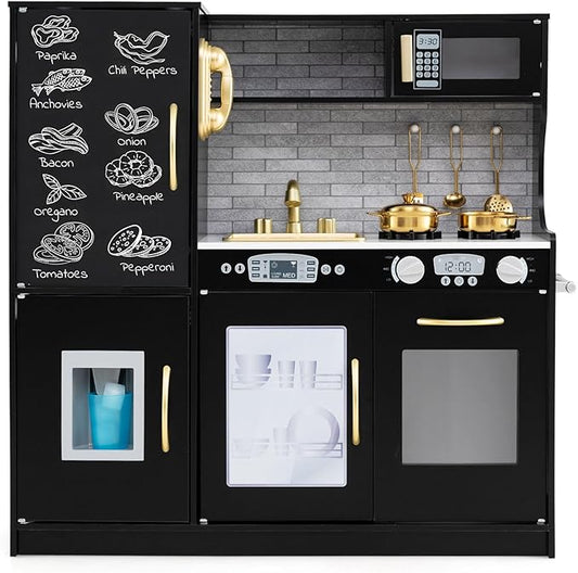 HONEY JOY Kids Kitchen Playset, Wooden Little Chef Pretend Toy Kitchen Set w/Chalkboard, Telephone, Utensils, Oven, Microwave, Sink, Storage, Play Kitchen for Toddlers Boys Girls, Black-BubblyBeeBaby