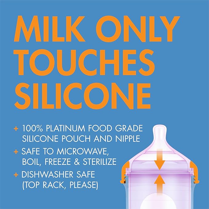 Boon Nursh Reusable Silicone Pouch Baby Bottles - Medium Flow Nipple - Silicone Baby Bottle Pouch and Nipple - Baby Feeding Essentials - Color Block - 3-6 Months - 3 Count - 8 Ounce-BubblyBeeBaby