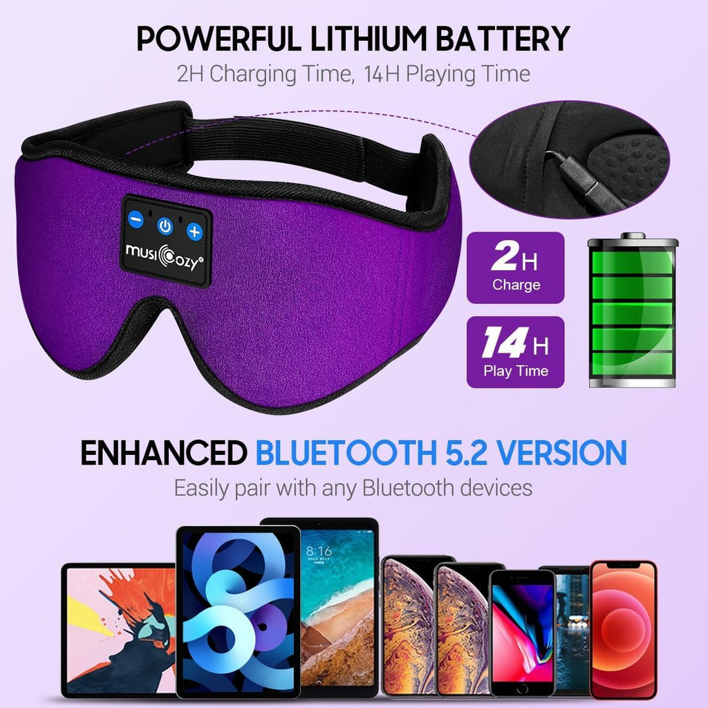 MUSICOZY Sleep Mask with Bluetooth Headphones, Sleeping Headphones Bluetooth Headband Eye Mask, Wireless Music Earbuds Earphones with HD Ultra-Thin Stereo Speakers for Side Sleepers