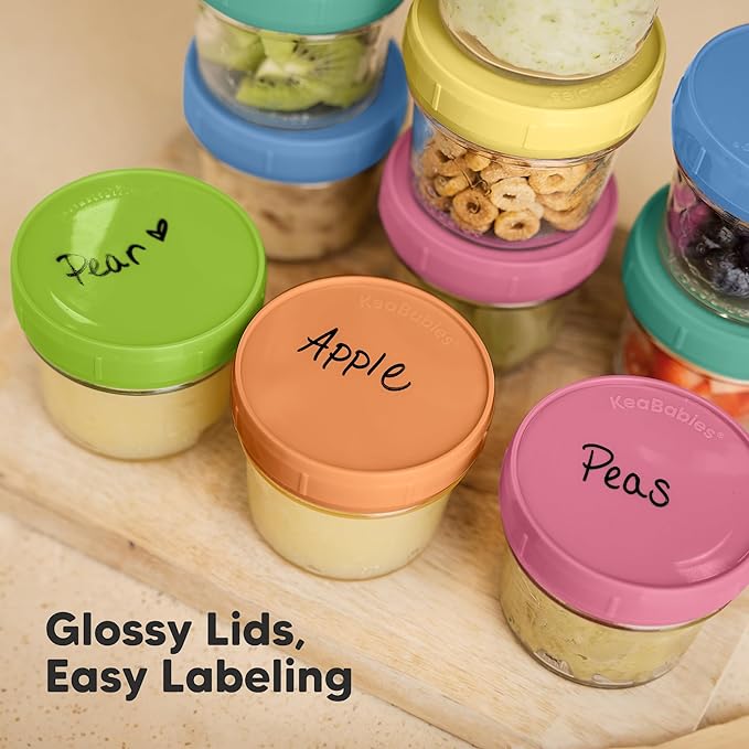 KeaBabies 12pk 4oz Glass Baby Food Containers with Lids - Leak-Proof, Microwavable Small Glass Jars, Baby Purees & Toddler Snack Storage Containers, BPA-Free, Dishwasher & Freezer Safe (Kea)-BubblyBeeBaby