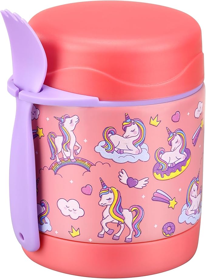 10oz Soup Thermo for Hot Food Kids,Lunch Thermo Kids Food Jar with Spoon Hot Insulated Food Containers,Leak Proof Stainless Steel Wide Mouth Lunch Food Thermo Jar for School(Pink-Unique Horse)-BubblyBeeBaby
