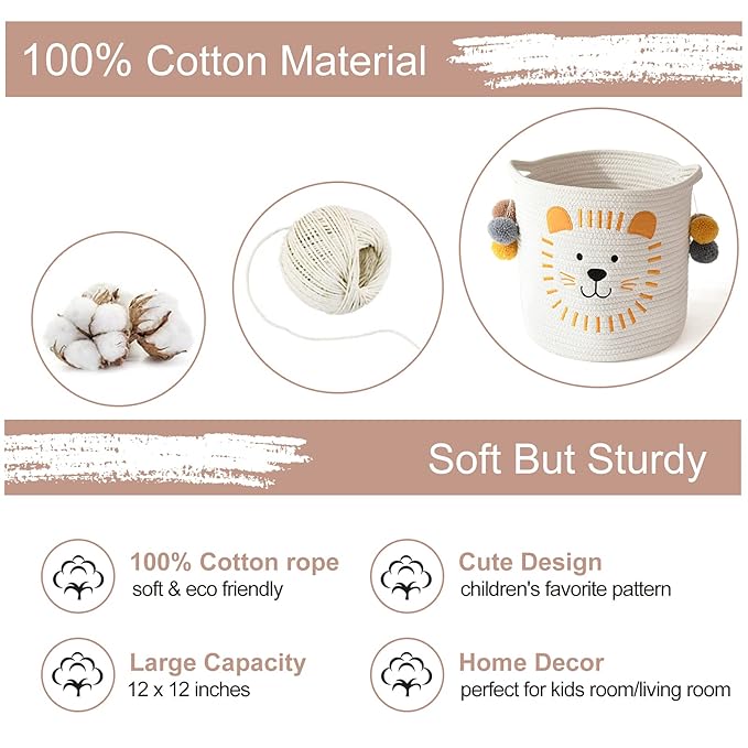 INough Toy Storage Baskets Cute Laundry Basket with Handles Dog Toy Storage Basket Durable Large Cotton Rope Storage Bins Home Organizer Solution for Office, Bedroom, Closet, Toys & Laundry (Lion)-BubblyBeeBaby