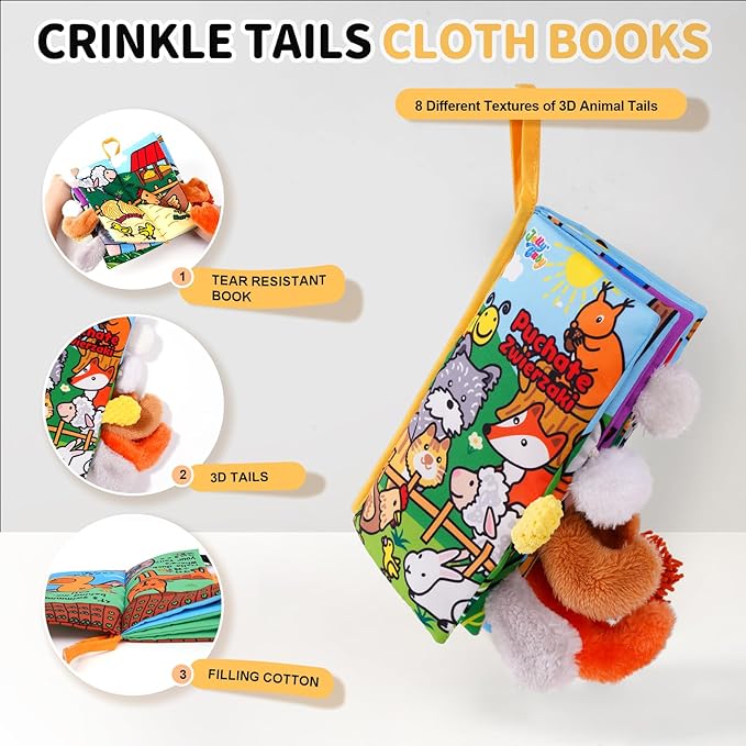 Jollybaby Baby Cloth Books, Touch & Feel Crinkle Soft Books, for Infants Babies, Toddler Early Educational Interactive Stroller Toys, Baby Girl & Boy Gift(Plush Tails)-BubblyBeeBaby