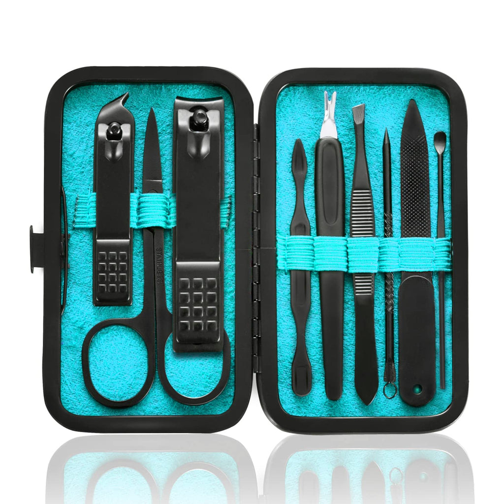 Manicure Set 9 in 1 Stainless Steel, Nail Clippers Scissors Pedicure Tools Kit - Portable Travel Grooming Kit for Men and Women with Leather Case (Blue-BIG Nail Clipper)