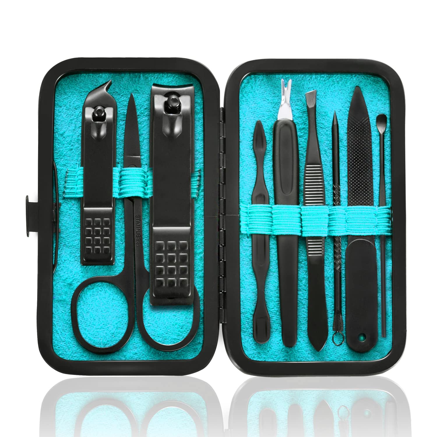 Manicure Set 9 in 1 Stainless Steel, Nail Clippers Scissors Pedicure Tools Kit - Portable Travel Grooming Kit for Men and Women with Leather Case (Blue-BIG Nail Clipper)